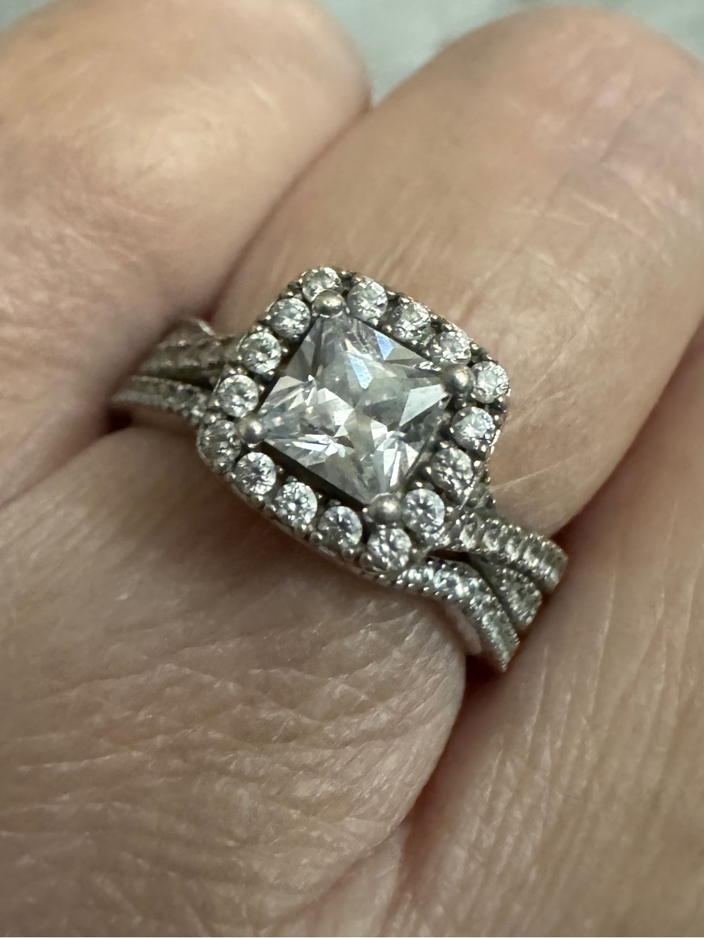 Elegant Square Halo Bridal Ring Set in Silver with White Stones